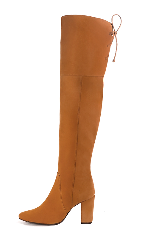 Camel beige women's leather thigh-high boots. Round toe. High block heels. Made to measure. Profile view - Florence KOOIJMAN